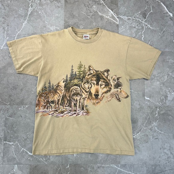 Anvil Other - 90s Vintage Wolf Graphic Tee Mens Large Double Sided Wrap AOP Nature Animals